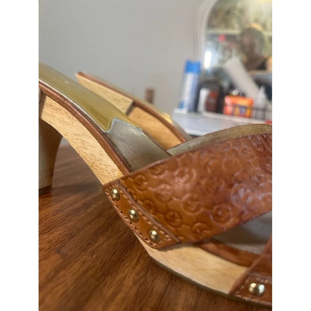 Retro Wooden Leather Heel Shoe 9 Boho Indie Hippie Western Earthy Mule